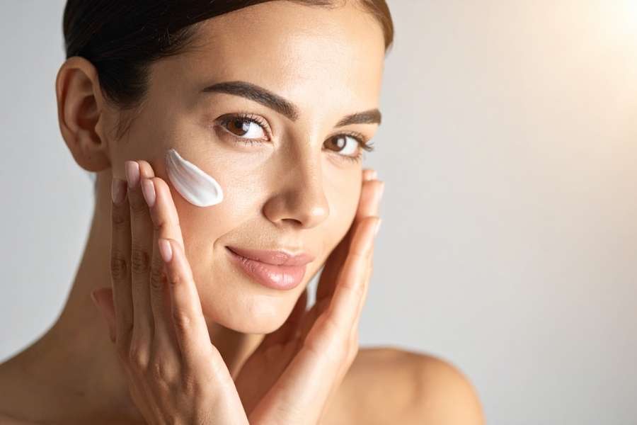 Gros plan du visage d'une femme souriante appliquant une noisette de crème blanche, servant potentiellement de primer pour les yeux, sur sa pommette.
